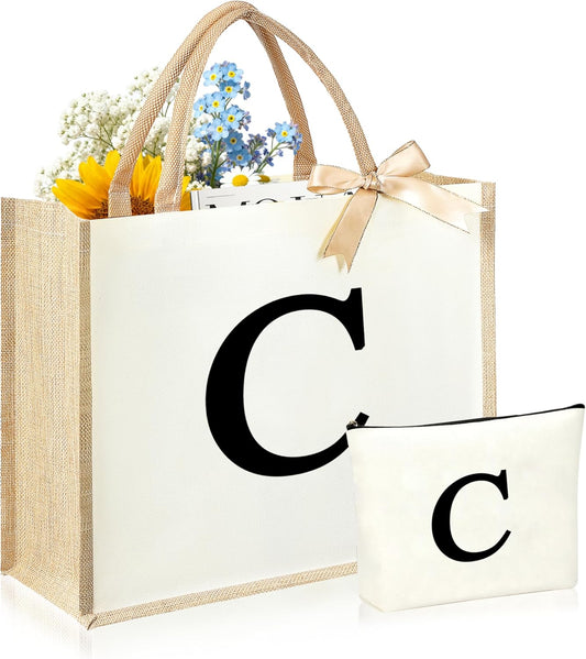 Initial Canvas Tote Bag & Makeup Bag for Women Teacher Bridesmaids，Personalized Present for Wedding, Birthday, Beach