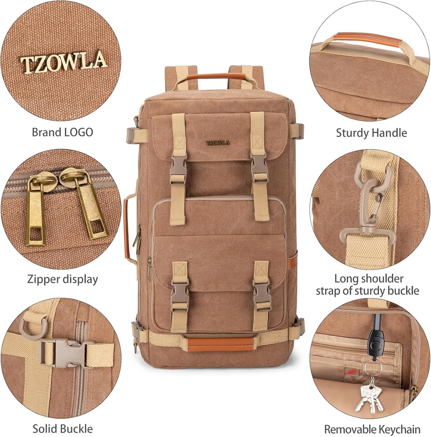 Tzowla Canvas Travel Backpack Carry on Flight Approved,Large Vintage Messenger Bag,3-in-1 Convertible Backpacks Duffel Bag,Personal ltem Laptop Rucksack for Men and Women Fit 17 Inch Laptop(Brown)