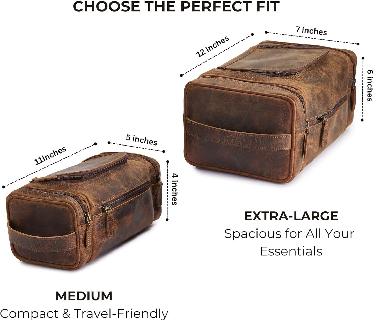 NomadCraftsCo. Medium Sized Hanging Leather Toiletry Bag for Men Women - Premium Leather Men's Toiletry Travel Bag, Dopp Kit for Travel, Leather Pouch, Mens Toiletry Bag for Travel