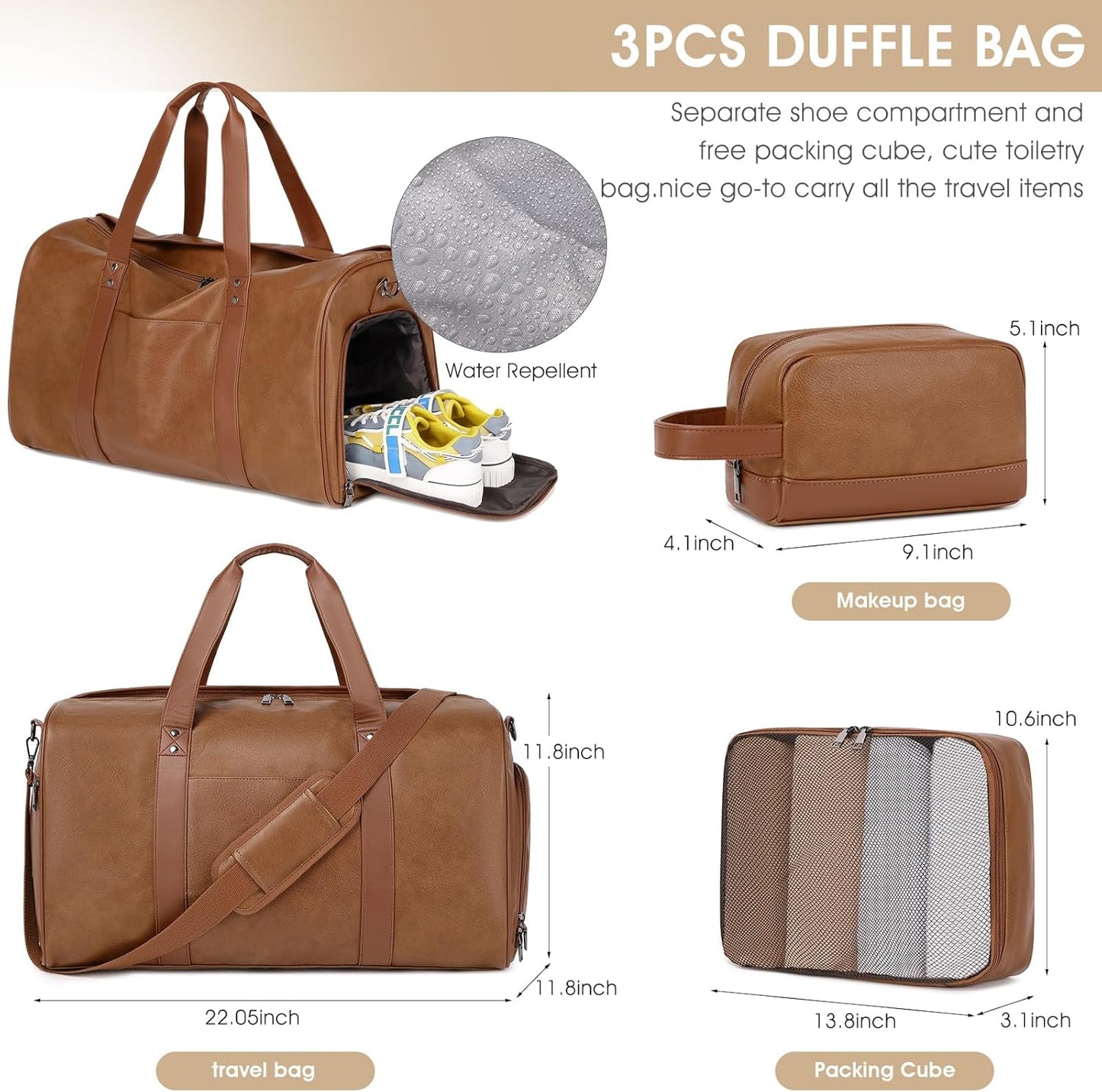 Wogarl 3PCS Leather Weekender Bag for Women Men Large Overnight Duffel Bag with Shoe Compartment Toiletry Packing Cube Carry On Bag Fit 21" Laptop (Light Brown)