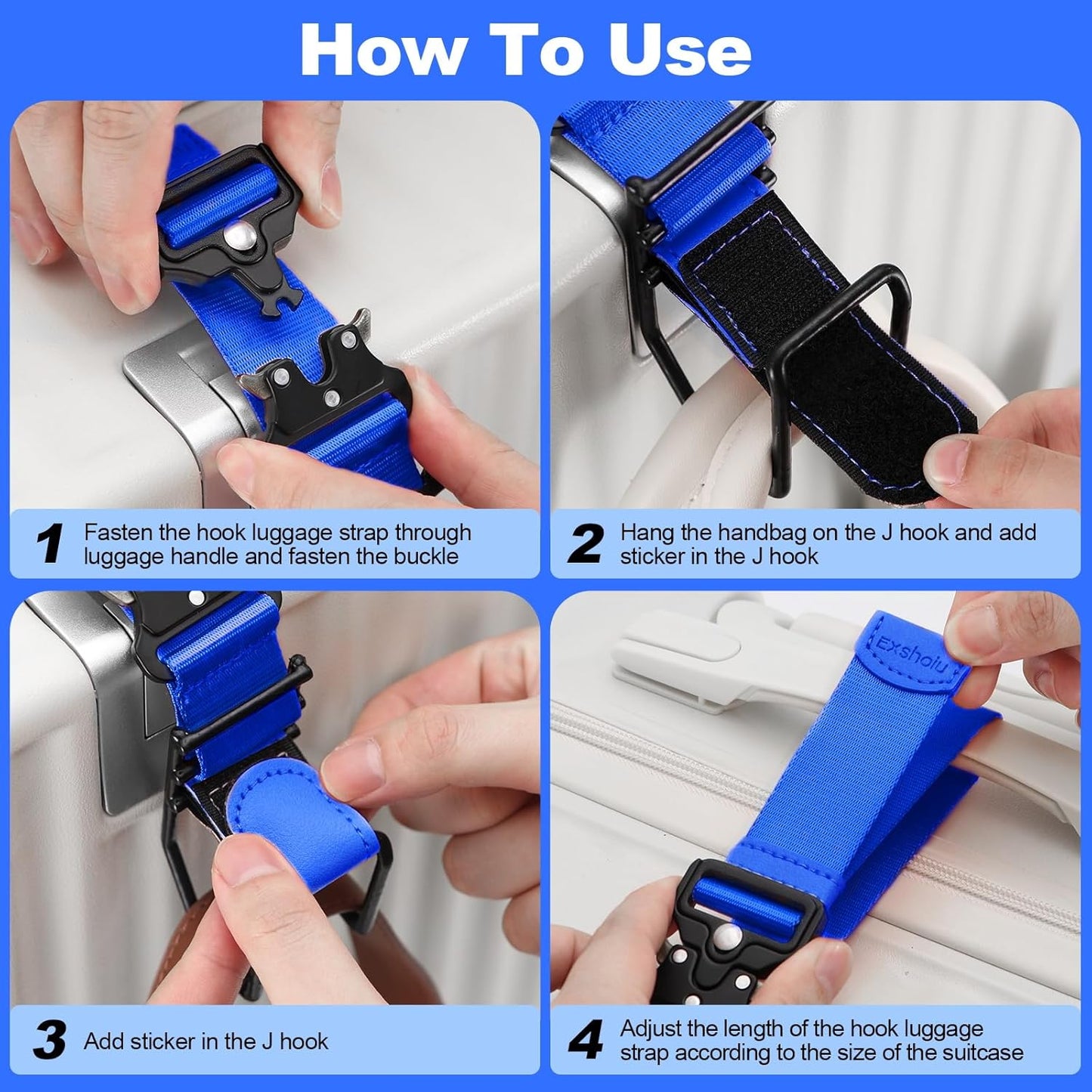 Luggage Hook Strap, J Hook for Luggage Strap Flight Attendant with Hands Free, Adjustable Travel Luggage Straps for Add a Bag Hook