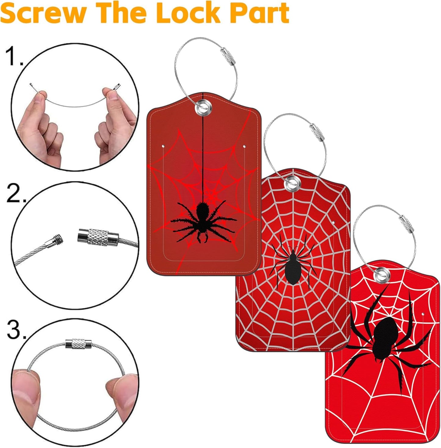 3 Pack PU Leather Luggage Tag for Suitcase Spider and Spider Web Suitcase Tags with Privacy Name ID Label and Stainless Steel Loop for Travel Bag