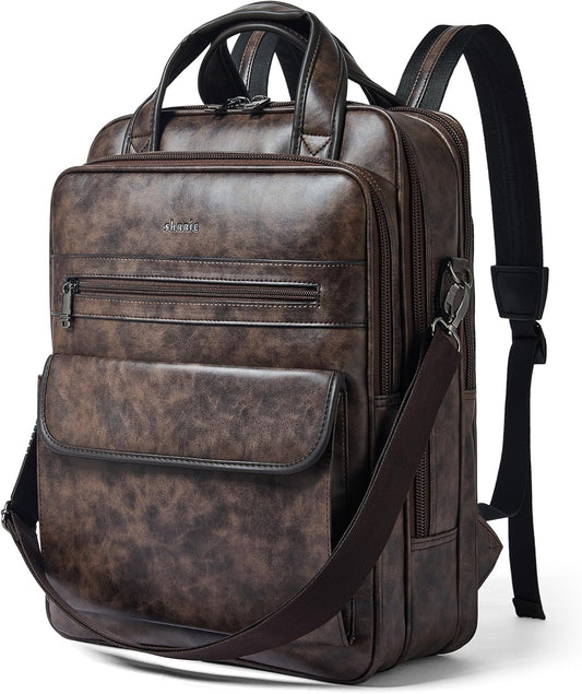 Shrrie Laptop Backpack for Women and Men, 15.6 Inch Vegan Leather Computer Backpack Professional Water-Resistant Casual Daypack for Work Business College Travel Office,Two-toned Coffee