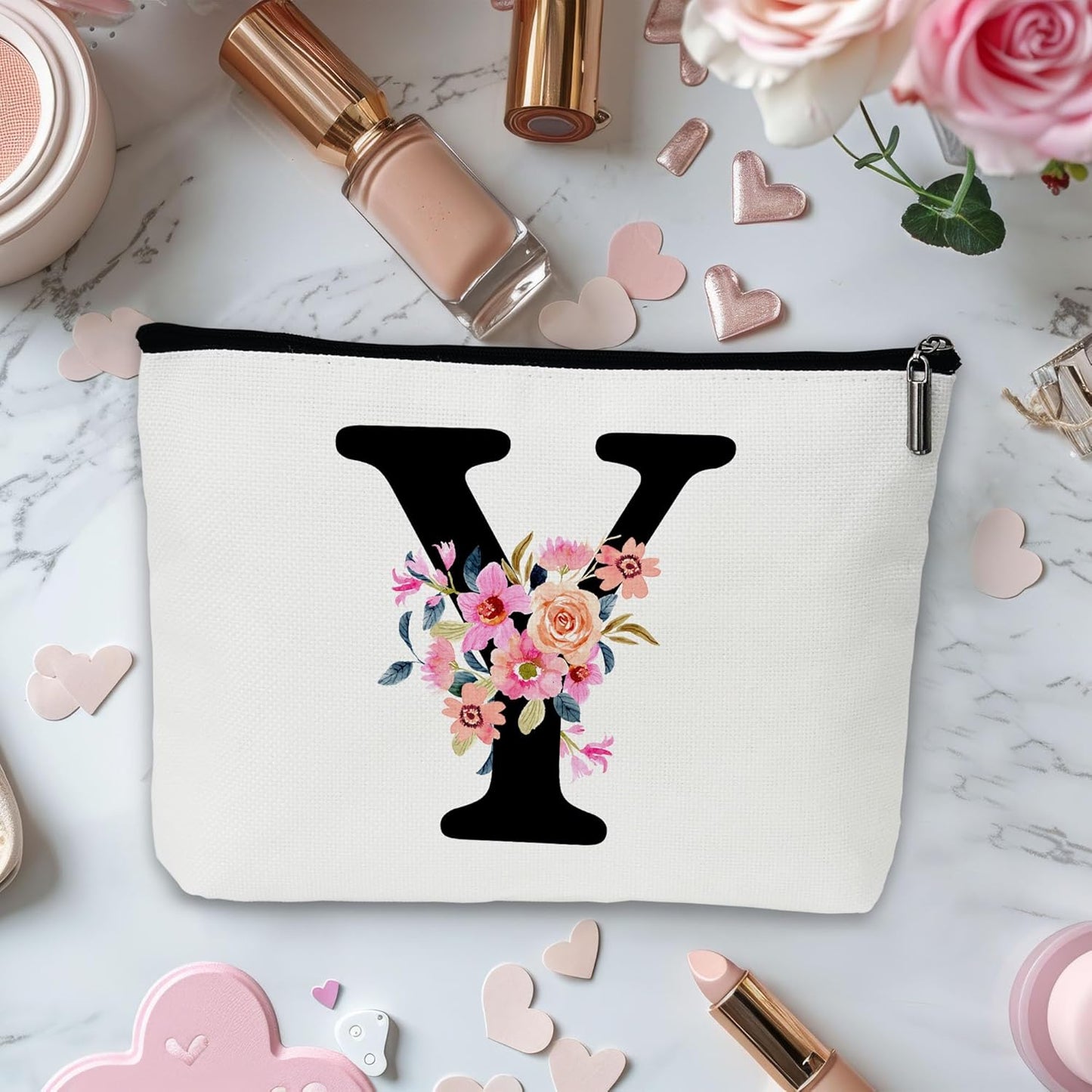 Personalized Letter Y Makeup Bag for Women, Birthday Gifts for Mom, Small Zipper Pouch for Purse, Christmas Bridesmaid Friendship Gifts for Sister Daughter, Girls Weekend Gifts for Women-A25
