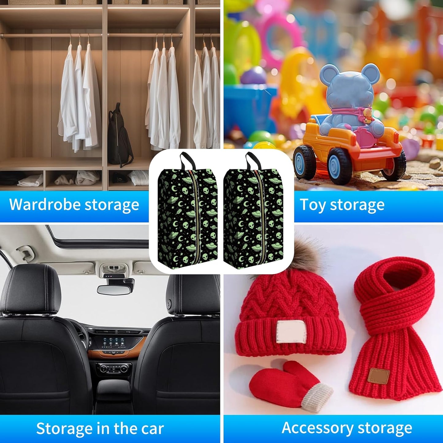 2pcs Shoe Organizer for Travel, Packing Shoe Travel Bags, Cute Shoe Bag with Zipper & Handle, Portable Travel Essentials for Women and Men Alien Spaceship
