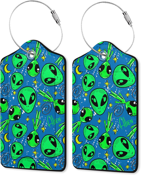 2 Pack Leather Luggage Tag for Suitcase Aliens UFO Green Unique Travel Tags with Privacy Cover ID Label & Stainless Steel Loop for Men and Women Baggage