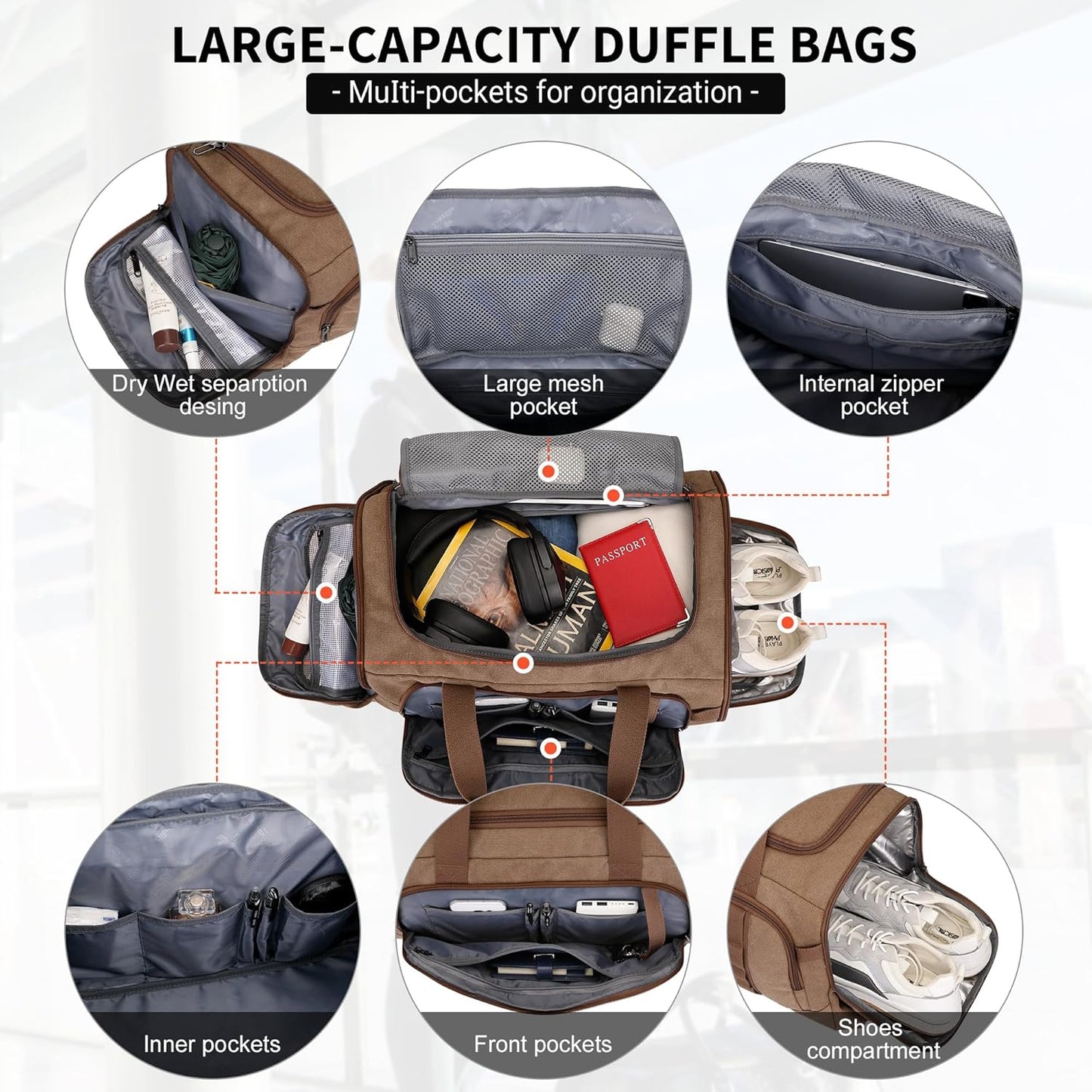 WITZMAN Canvas Duffel Bags for Men Traveling 3 in 1 Backpack Carry-on 40L Weekender Overnight Bag with Shoe Compartment(A8006/2 Brown)