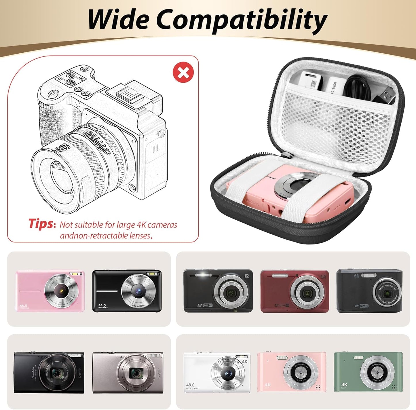 Digital Camera Case for CAMKORY, KODAK PIXPRO FZ45/FZ55, Canon IXUS 285 HS, Lecran, Small Travel Compact Camera Holder with Mesh Pocket for Accessories SD Card (Black)