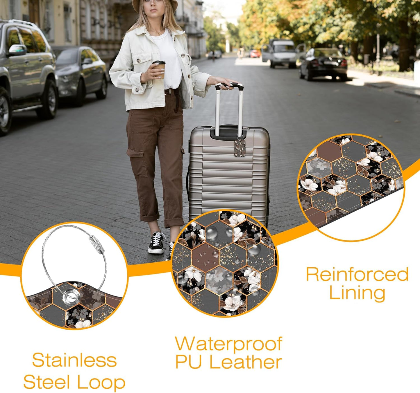 3 Pack PU Leather Luggage Tag for Suitcase Marble and Flower Suitcase Tags with Privacy Name ID Label and Stainless Steel Loop for Travel Bag
