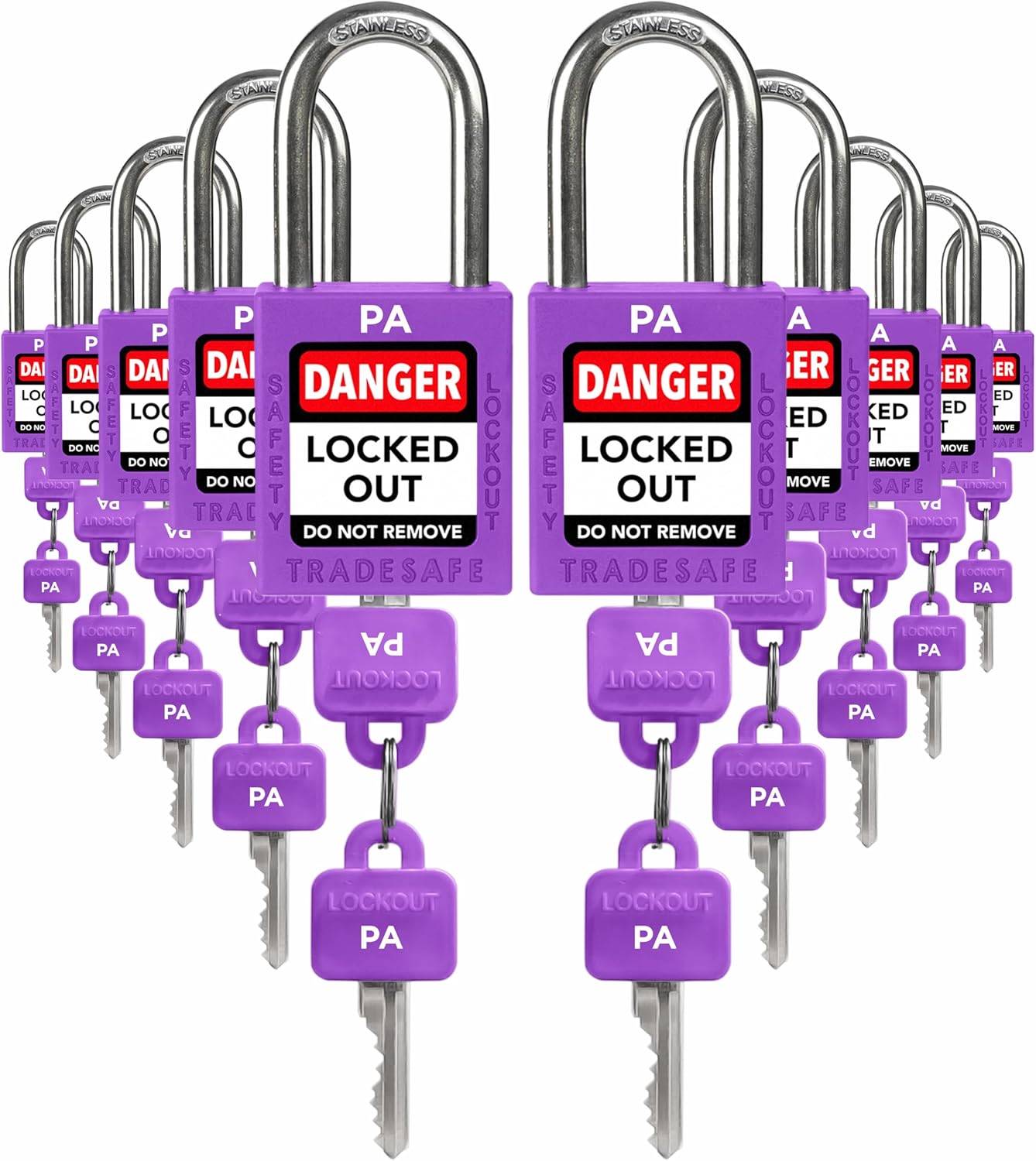 TRADESAFE Lockout Tagout Locks Set, 10 Purple Keyed Alike Unlimited Grouping Safety Padlocks, 2 Keys Per Lock, OSHA Compliant Loto Locks for Lock Out Tag Out Kits