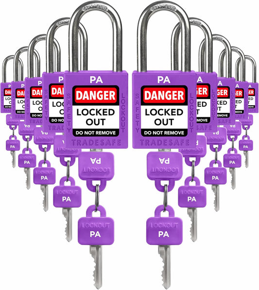 TRADESAFE Lockout Tagout Locks Set, 10 Purple Keyed Alike Unlimited Grouping Safety Padlocks, 2 Keys Per Lock, OSHA Compliant Loto Locks for Lock Out Tag Out Kits