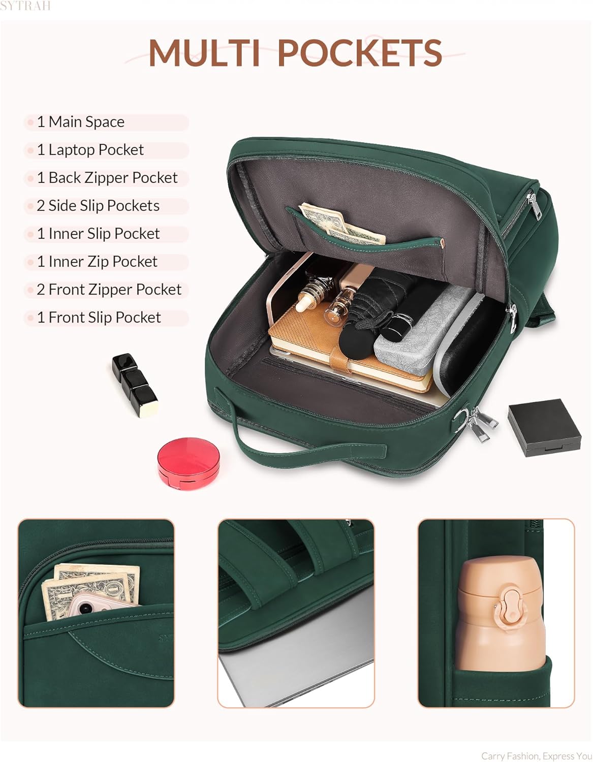 Leather Laptop Backpack, 15.6 Inch Business Computer Bag, Designer College Backpack Travel Backpack with Colorful Shoulder Bag Strap Green
