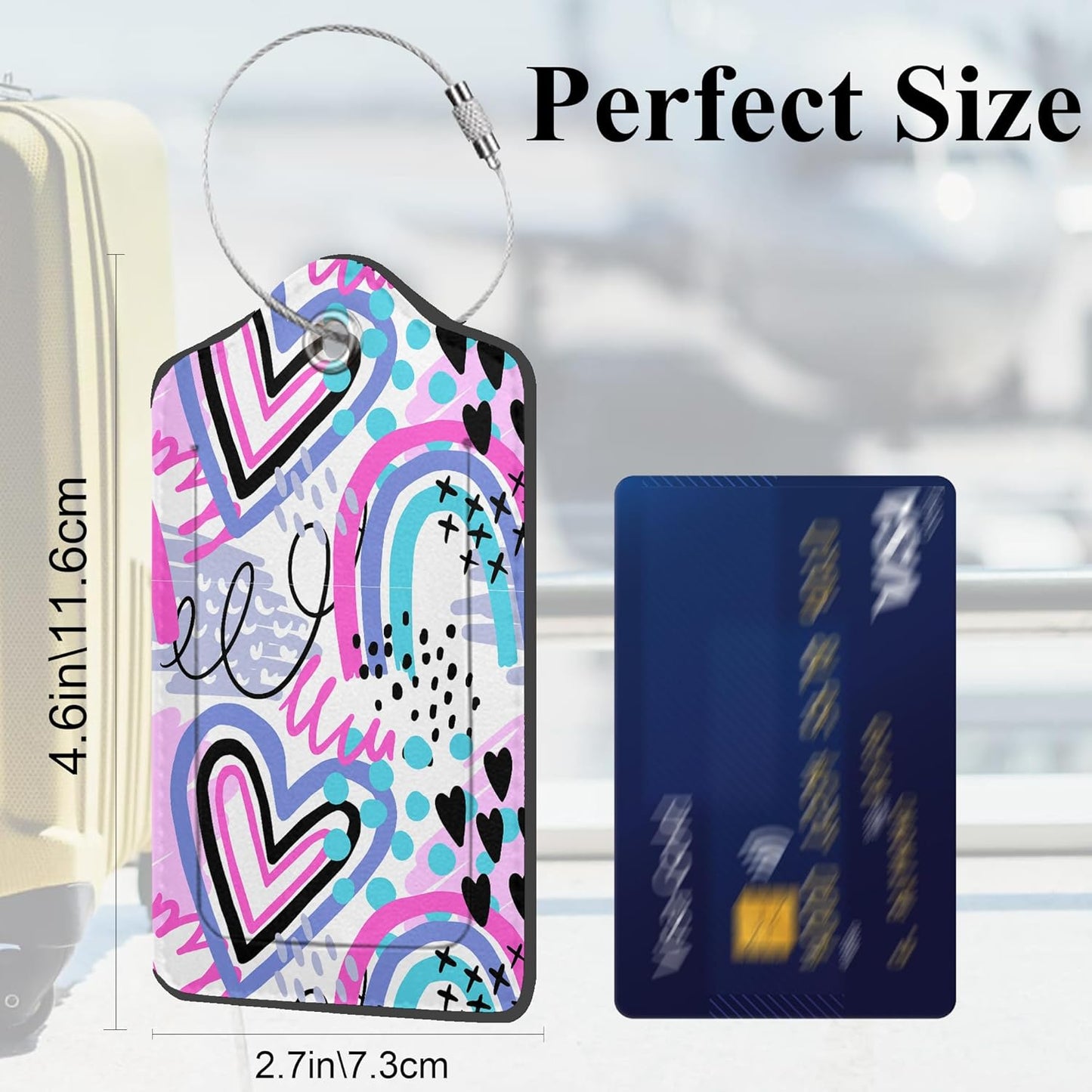 Set of 2 Luggage Tags for Suitcases, Leather Abstract Leopard Print with Hearts Baggage Tags and Stainless Steel Loop, Privacy Name ID Card Cover Travel Labels for Women Men Kids Girls