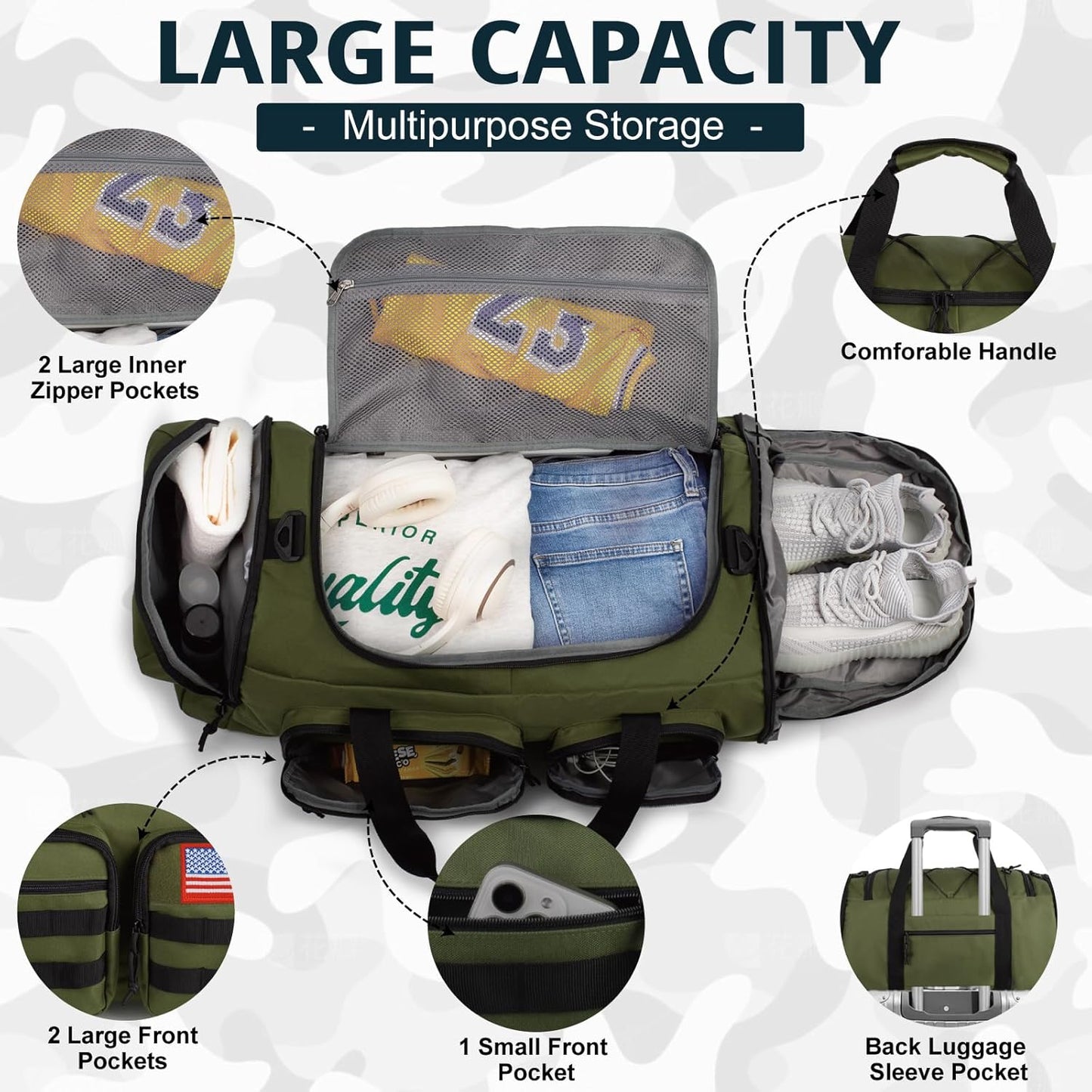 Tactical Gym Bag for Men，50L Large 3 in 1 Sports Duffle Bag with Shoes Compartment for Travel,Water