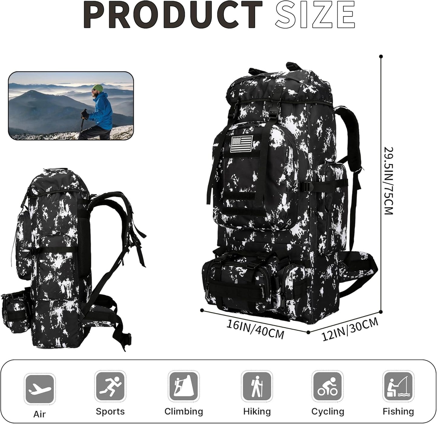 King'sGuard 100L Camping Hiking Backpack Molle Rucksack Military Camping Backpacking Daypack (Black