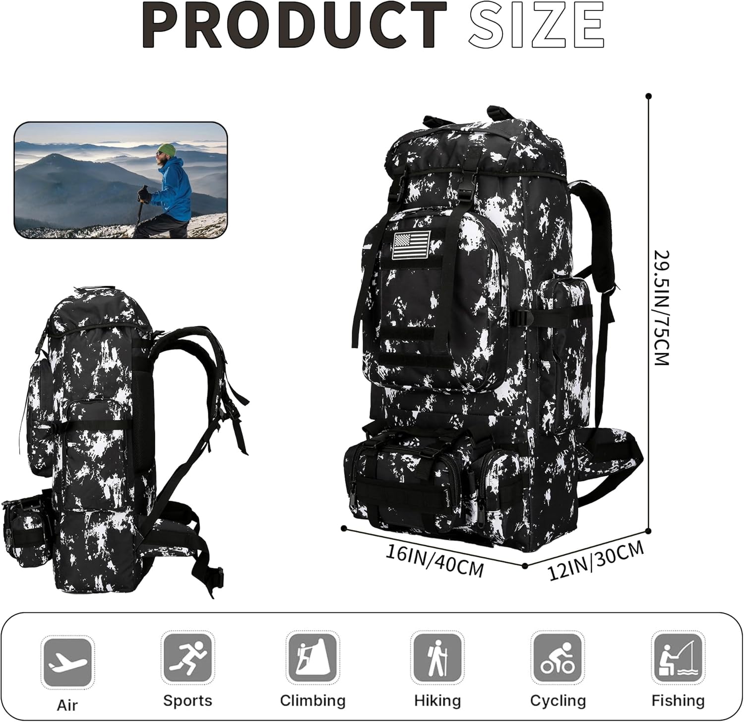 King'sGuard 100L Camping Hiking Backpack Molle Rucksack Military Camping Backpacking Daypack (Black