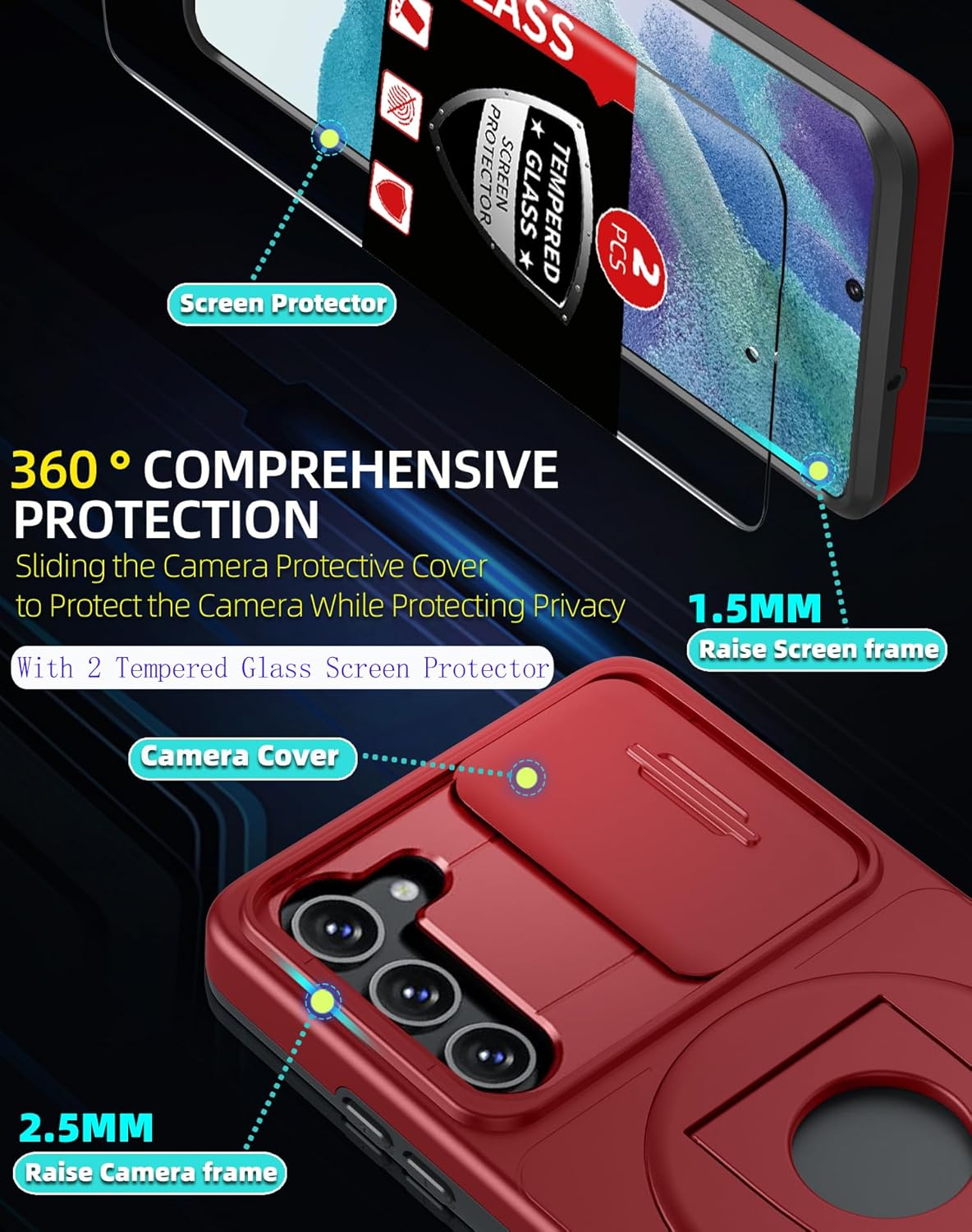 for Samsung Galaxy s21 FE Case Magnetic Compatible with MagSafe Wireless Charging,with 2 Screen Protectors,Built-in Stand Ring+Camera Cover Anti-Scratch Shockproof Heavy Duty Protection Red