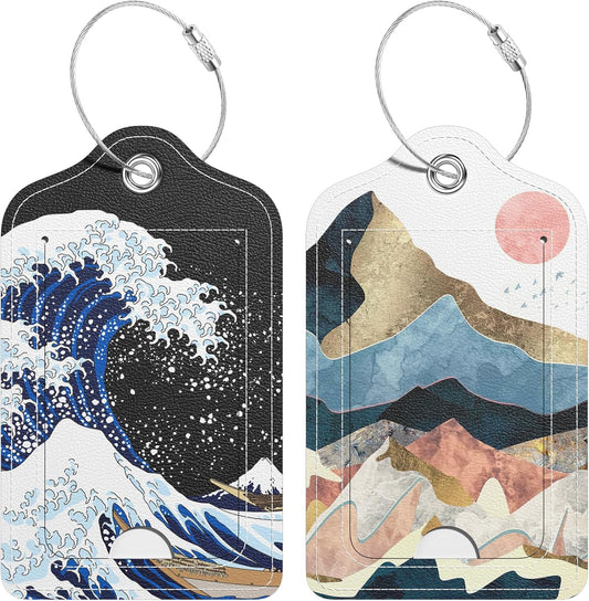 2 Pack PU Leather Luggage Tags for Suitcase, Travel Cruise Luggage Tag with Privacy Flap, Name ID Label and Metal Loop for Women Men Baggage Handbag School Bag Backpack, Sea Wave Sun