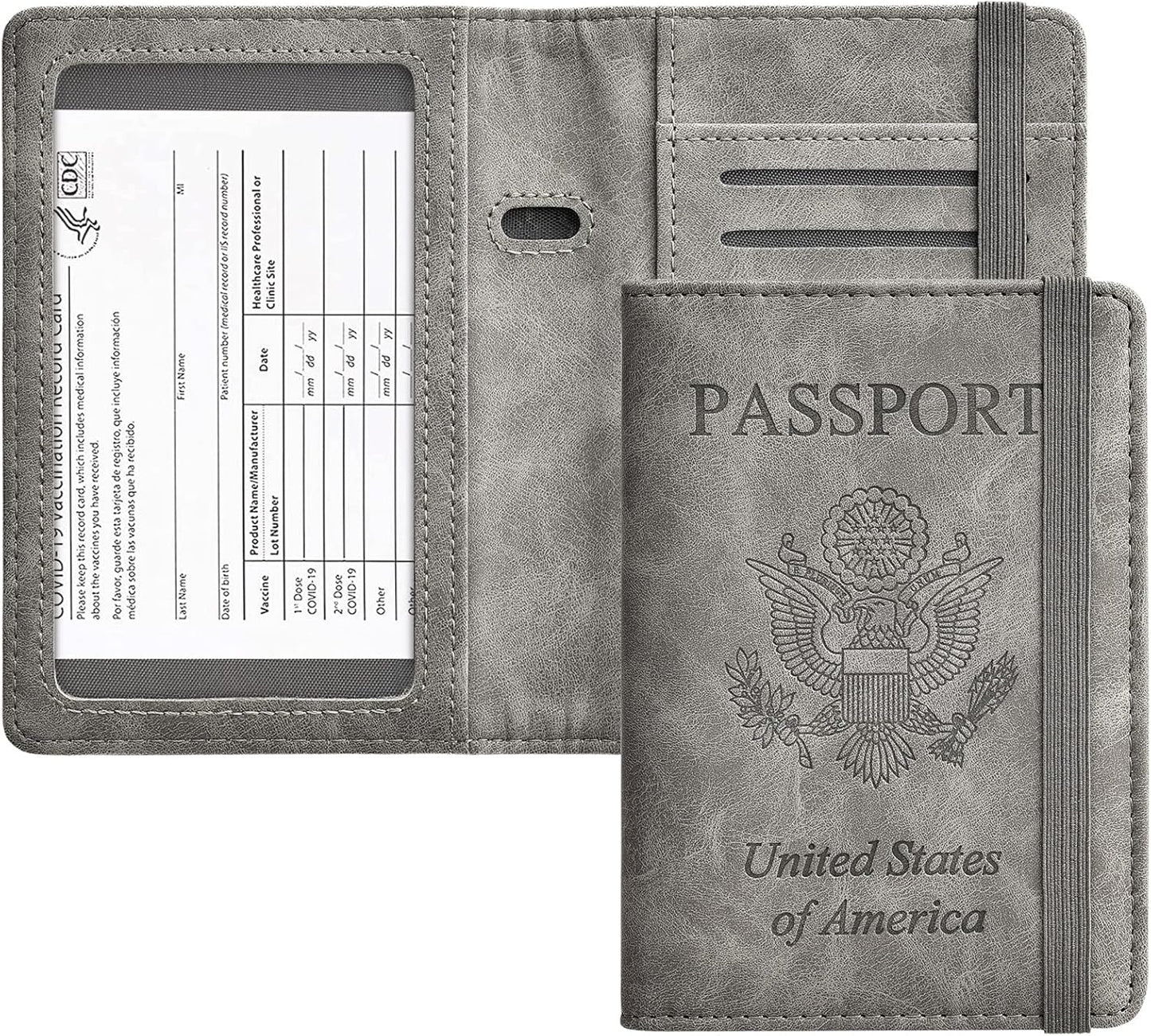 HerriaT Passport and Vaccine Card Holder Combo,Cover Case with CDC Vaccination Card Slot, Leather Travel Documents Organizer Protector, with RFID Blocking, for Women and Men