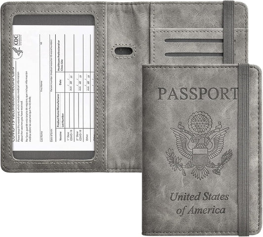HerriaT Passport and Vaccine Card Holder Combo,Cover Case with CDC Vaccination Card Slot, Leather Travel Documents Organizer Protector, with RFID Blocking, for Women and Men