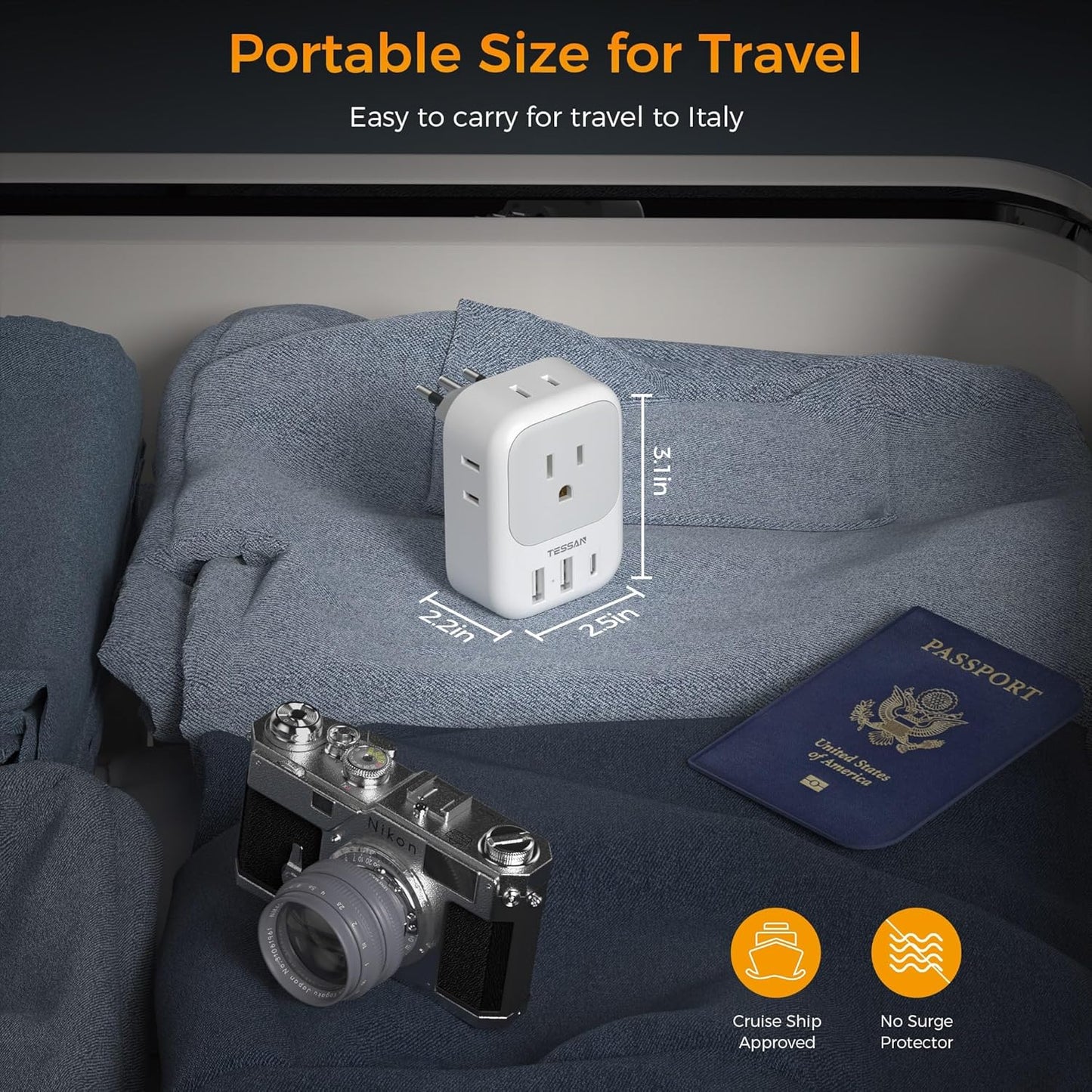 Italy Travel Plug Adapter 2 Pack, TESSAN Italy Power Adaptor with 4 Outlets 3 USB Charger (1 USB C Port), Type L Adapter for US to Chile Ethiopia Libya Syria Tunisia Uruguay