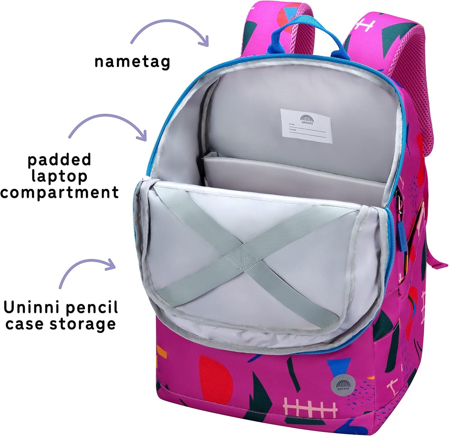 uninni 16" Kid's Backpack for Girls and Boys Age 6+ with Padded, and Adjustable Shoulder Straps. Fits for Height 3'9" Above Kids (Abstract Fuchsia)