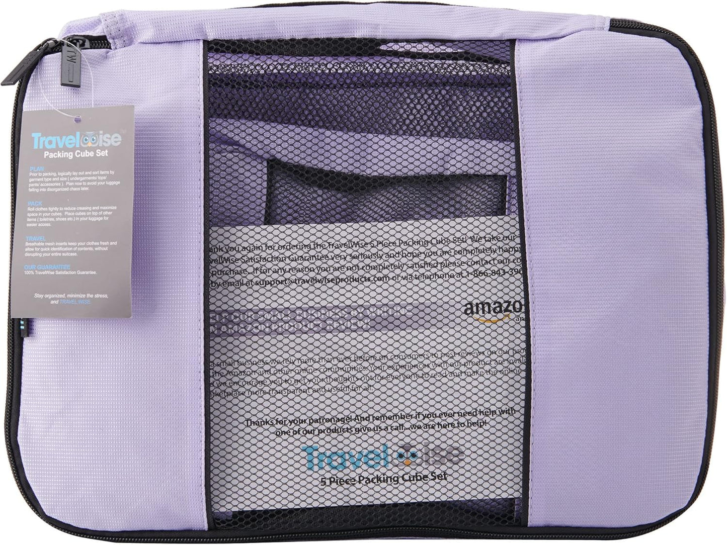 TravelWise Luggage Packing Organization Cubes 5 Pack, Lavender, 2 Small, 2 Medium, 1 Large (TWPC-27)