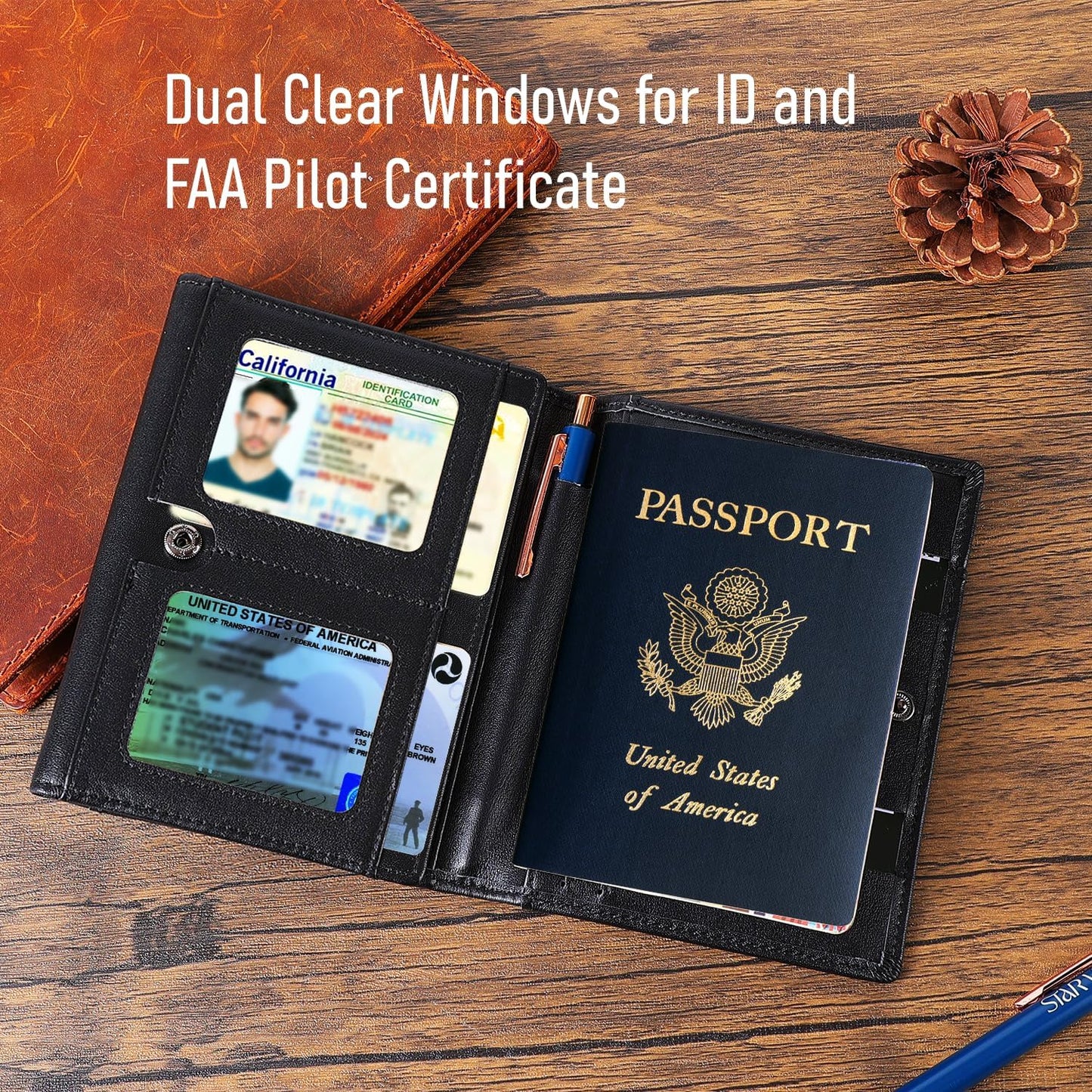 STAR VISTA Pilot Passport Wallet, Calfskin Leather Trifold Travel Documents Organizer, RFID Blocking, Dual ID Windows, Multiple Card Slots, AirTag Slot, Black