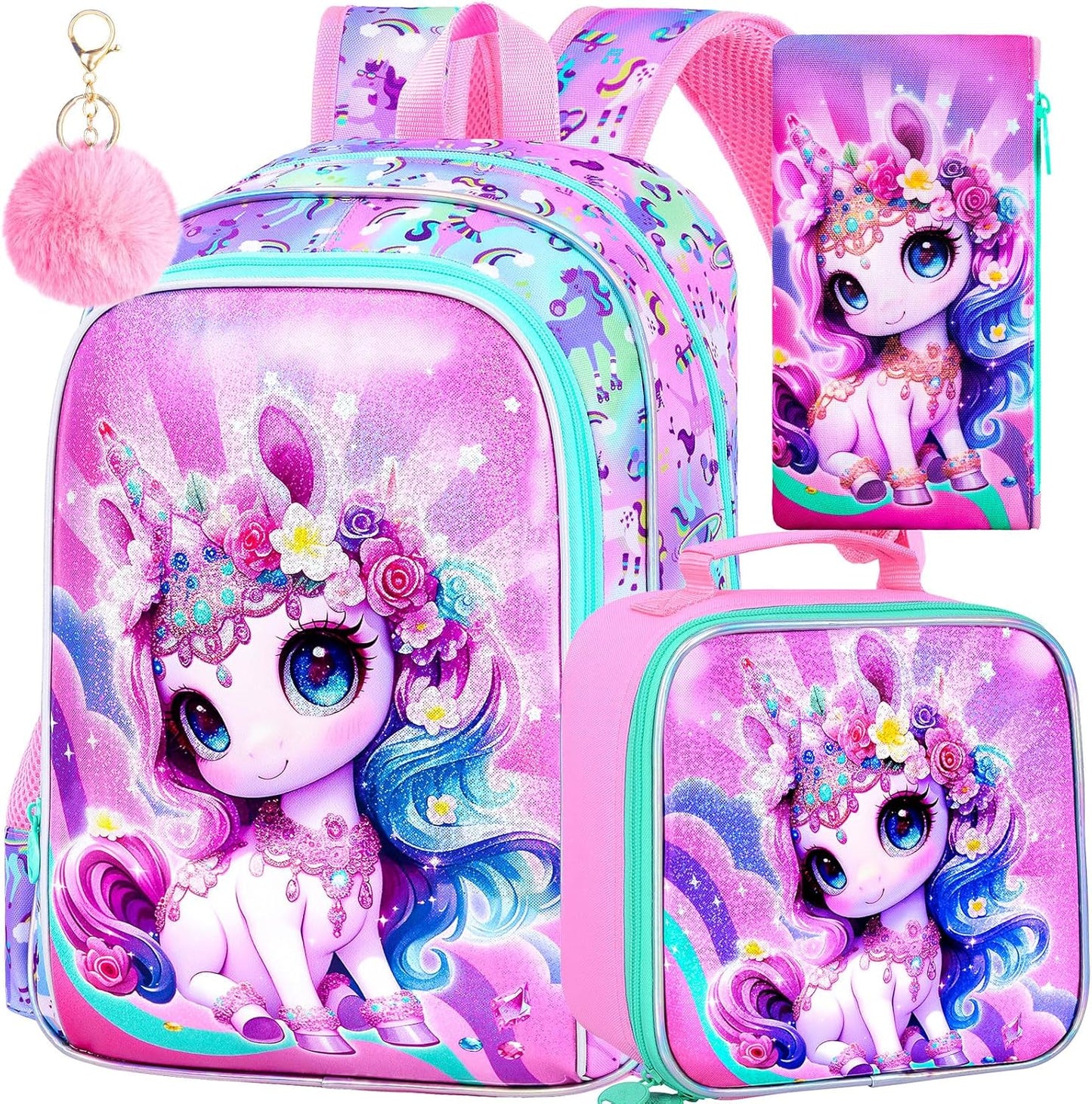 Unicorn Backpack for Girls, 16" Kids Bookbag with Lunch Box，3Pcs School Backpacks for Elementary Preschool Kindergarten (Pink)