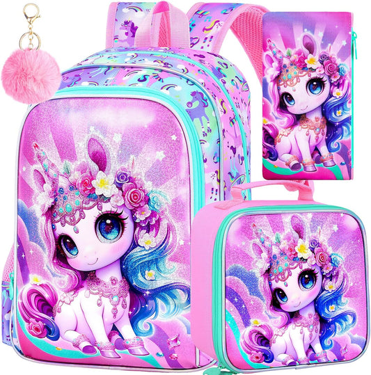 Unicorn Backpack for Girls, 16" Kids Bookbag with Lunch Box，3Pcs School Backpacks for Elementary Preschool Kindergarten (Pink)