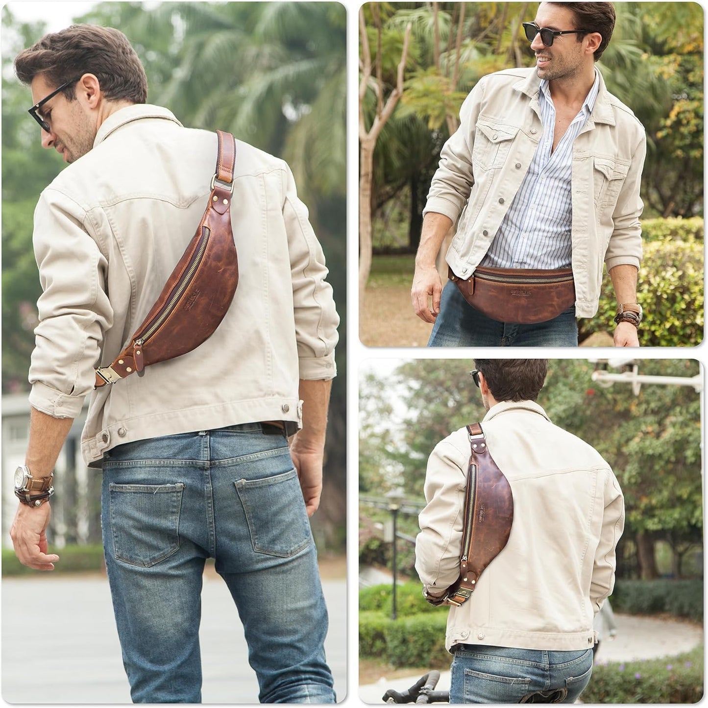 Top Grain Genuine Leather Slim Waist Pack for Man & Woman, Minimalist Vintage Design, Handmade with Detachable Hardware, Slim Fanny Pack Small Crossbody Belt Bag for Traveling or Riding, Red Coffee