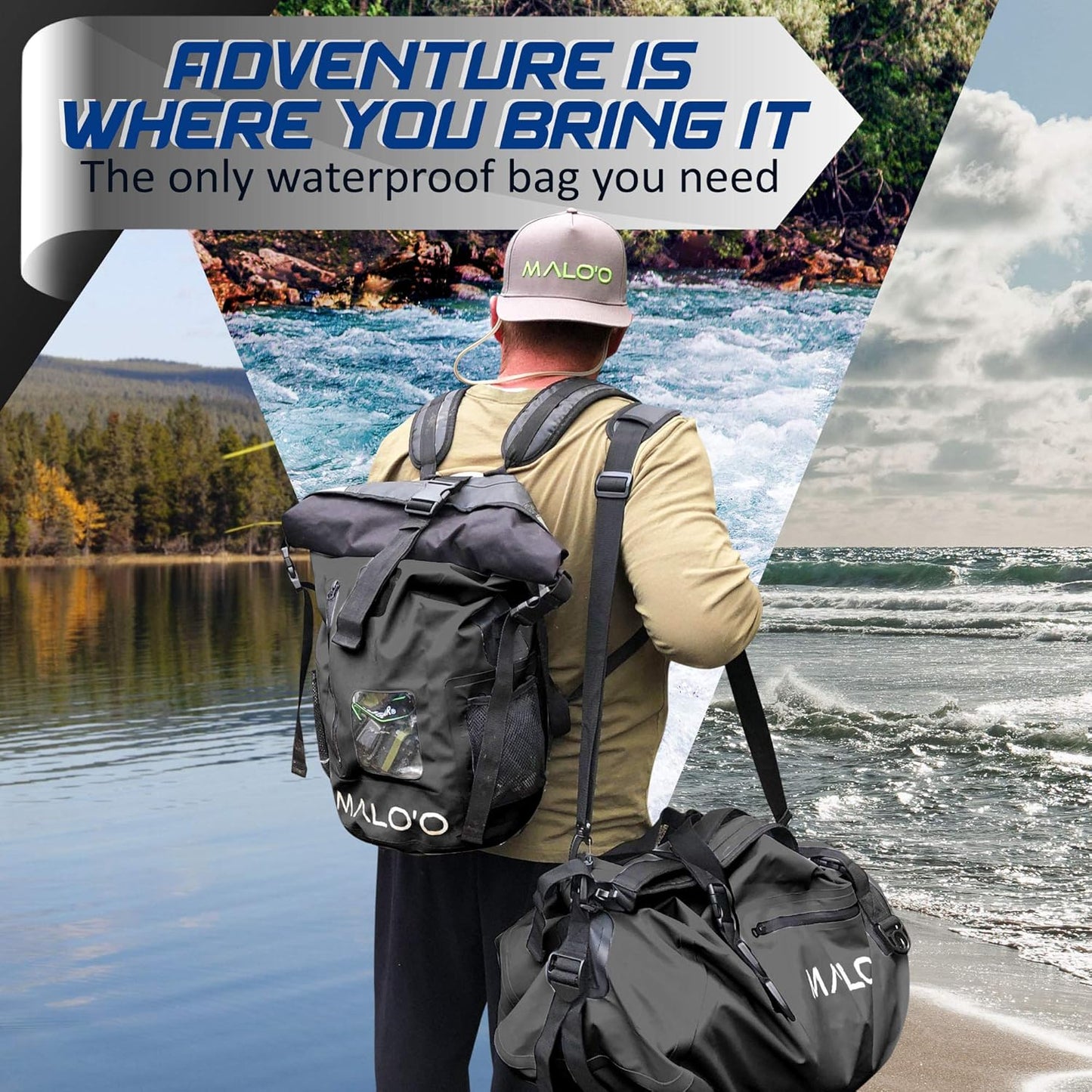 Malo’o Waterproof Dry Duffel, Heavy-Duty Roll Top Waterproof Gear Bag with Shoulder Strap & Molle Loops, Marine Duffel for Kayaking, Boating, Camping, Beach & Travel, Black, 100L