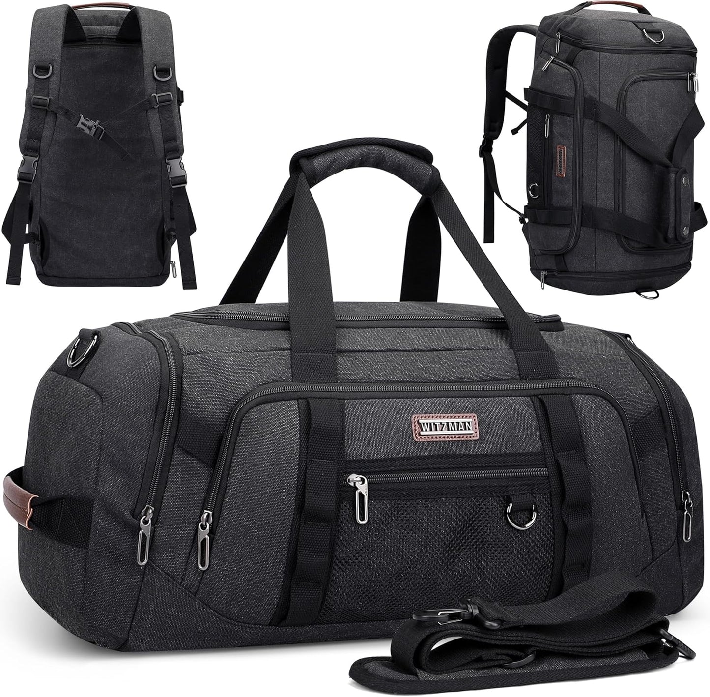 WITZMAN Canvas Duffel Bags for Men Traveling 3 in 1 Backpack Carry-on 40L Weekender Overnight Bag with Shoe Compartment(A8006/2 Black)