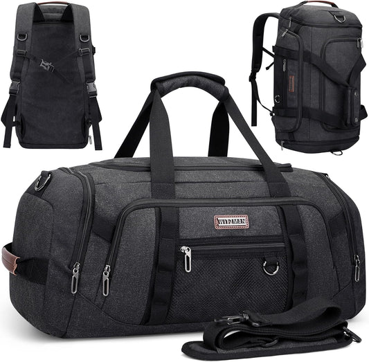 WITZMAN Canvas Duffel Bags for Men Traveling 3 in 1 Backpack Carry-on 40L Weekender Overnight Bag with Shoe Compartment(A8006/2 Black)