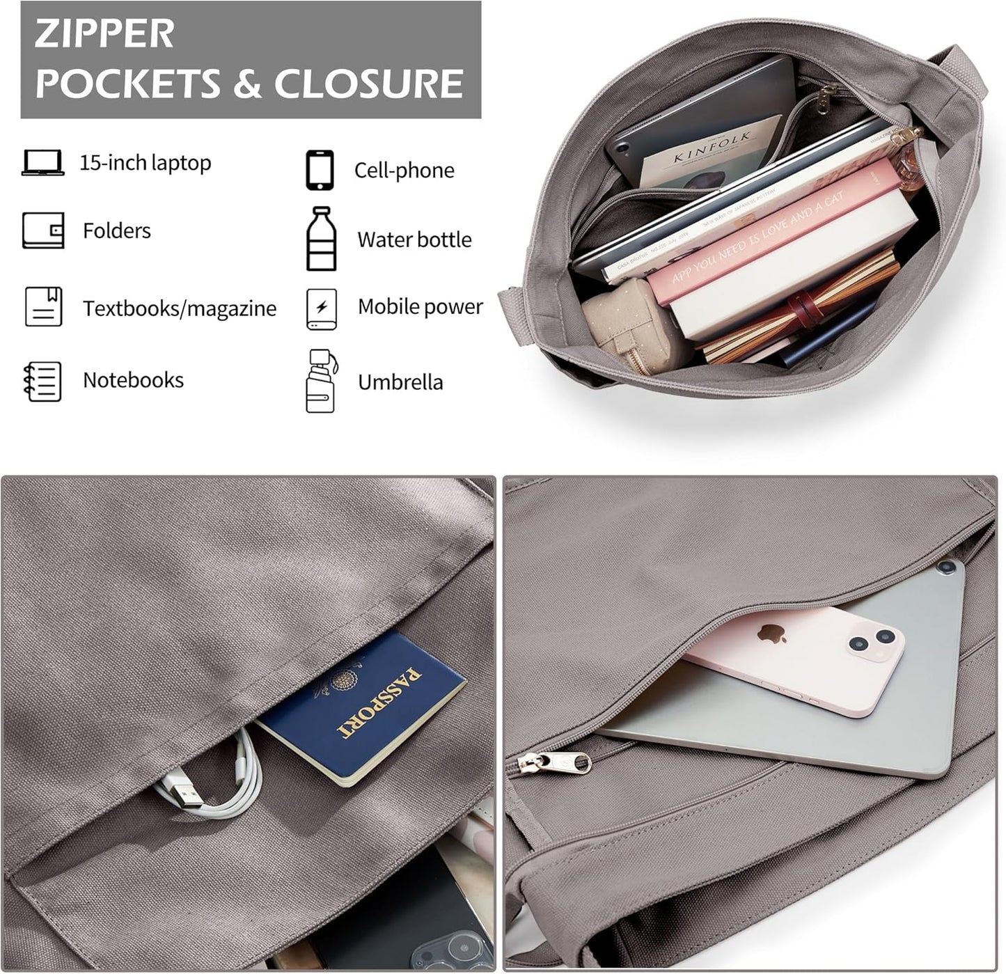 KALIDI Canvas Tote Bag Large Hobo Crossbody Shoulder Handbag Zipper Messenger Bag for Women or Men Casual College Work