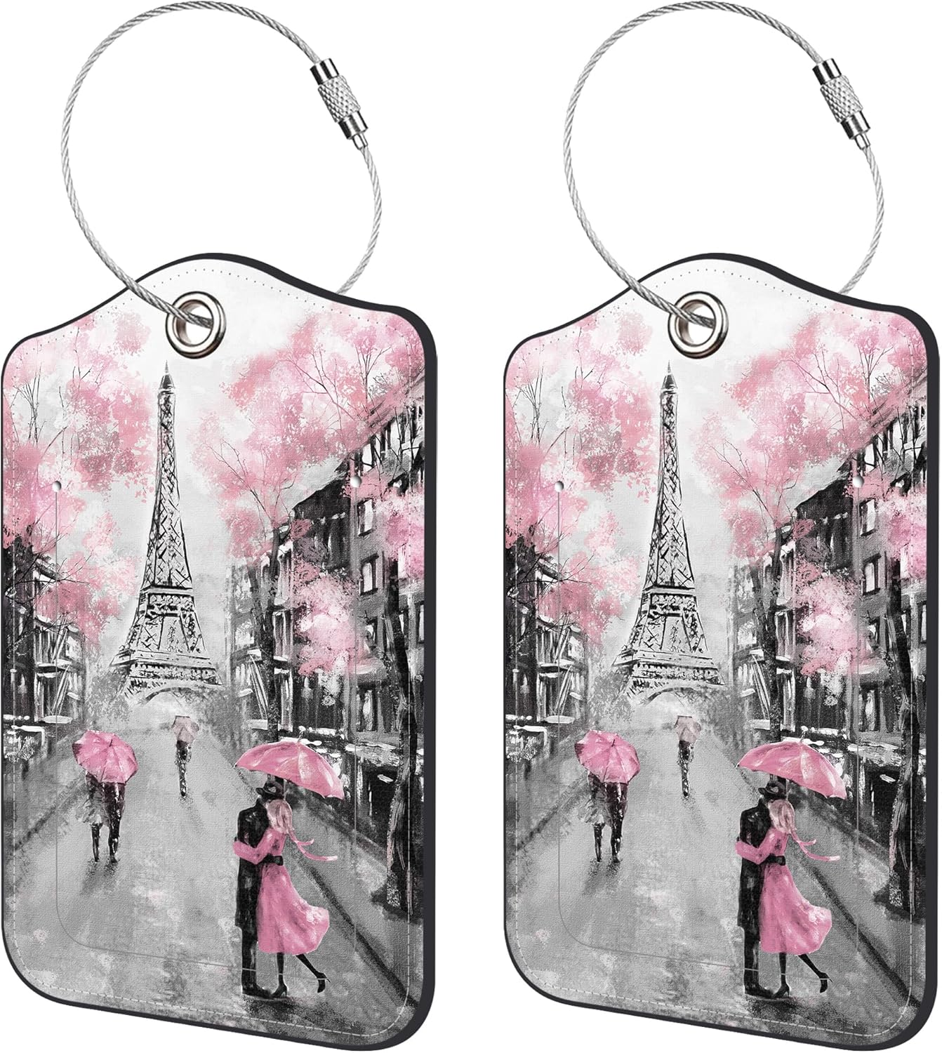2 Pack Luggage Tags,Pink Paris PU Leather Idea Baggage Tag with ID Labels Privacy Cover Metal Ring Men and Women Travel Bag Labels