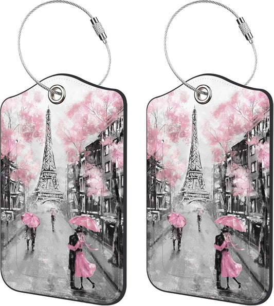 2 Pack Luggage Tags,Pink Paris PU Leather Idea Baggage Tag with ID Labels Privacy Cover Metal Ring Men and Women Travel Bag Labels