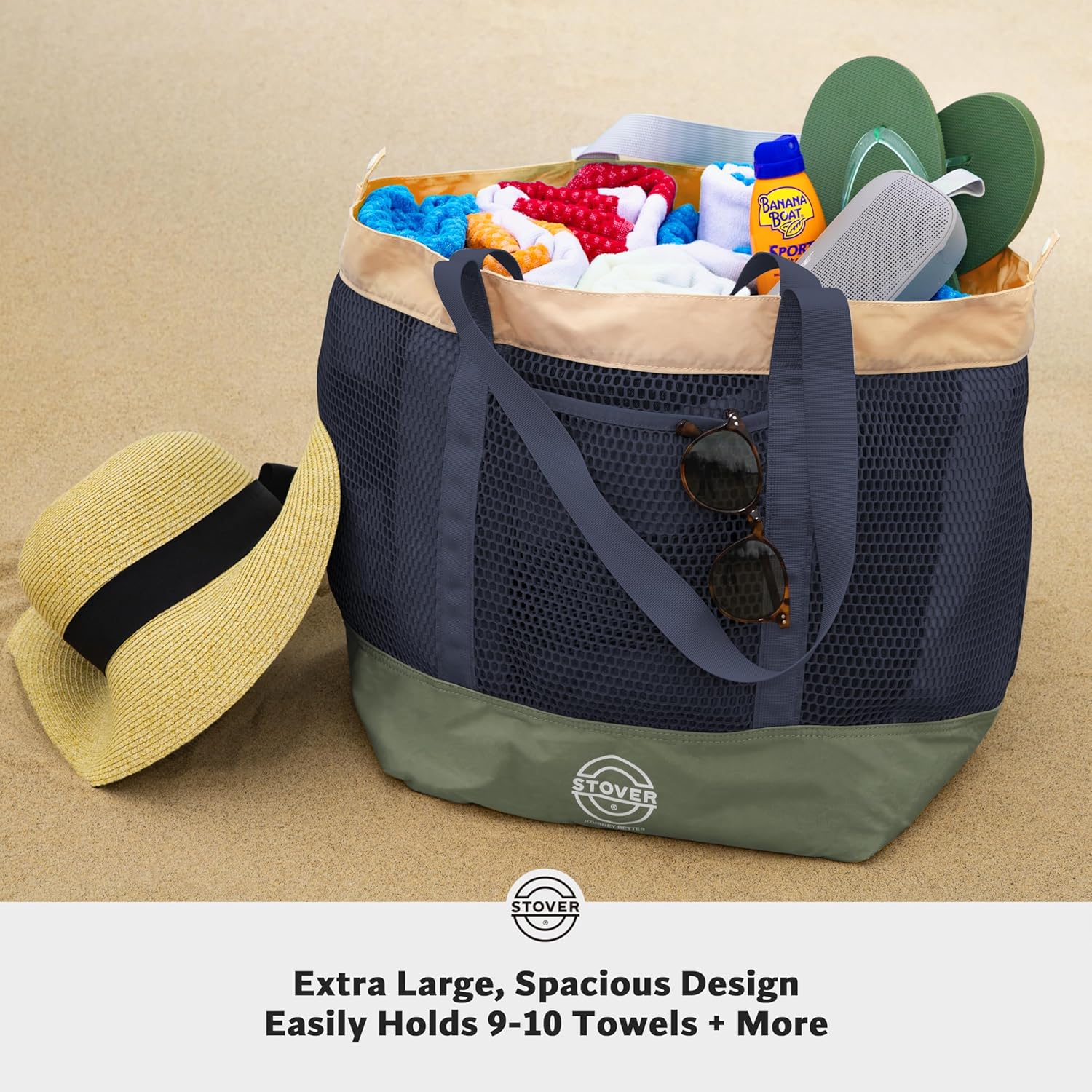 STOVER Large Mesh Beach Bag, Vacation, Pool, Shopping, & Travel Tote - Foldable w/Storage Pockets
