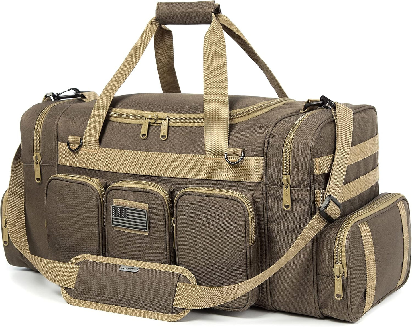 Tactical Range Duffel Heavy Duty Military Molle Gear Travel Sports Gym Bag Lockable Zippers with US Flag Patch (27 In Khaki)