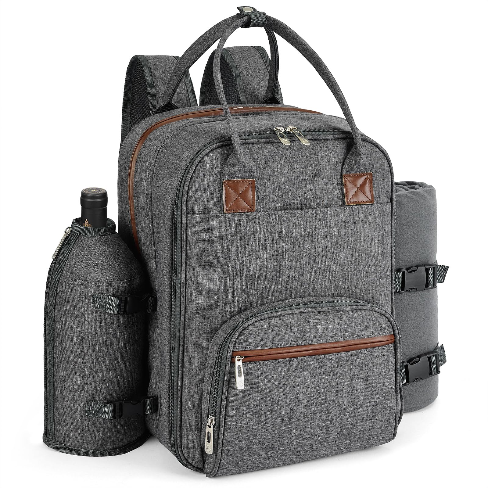 ALLCAMP Picnic Backpack, 2-Person Set with Blanket and Wine Holder, Gray