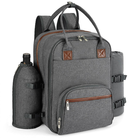 ALLCAMP Picnic Backpack, 2-Person Set with Blanket and Wine Holder, Gray