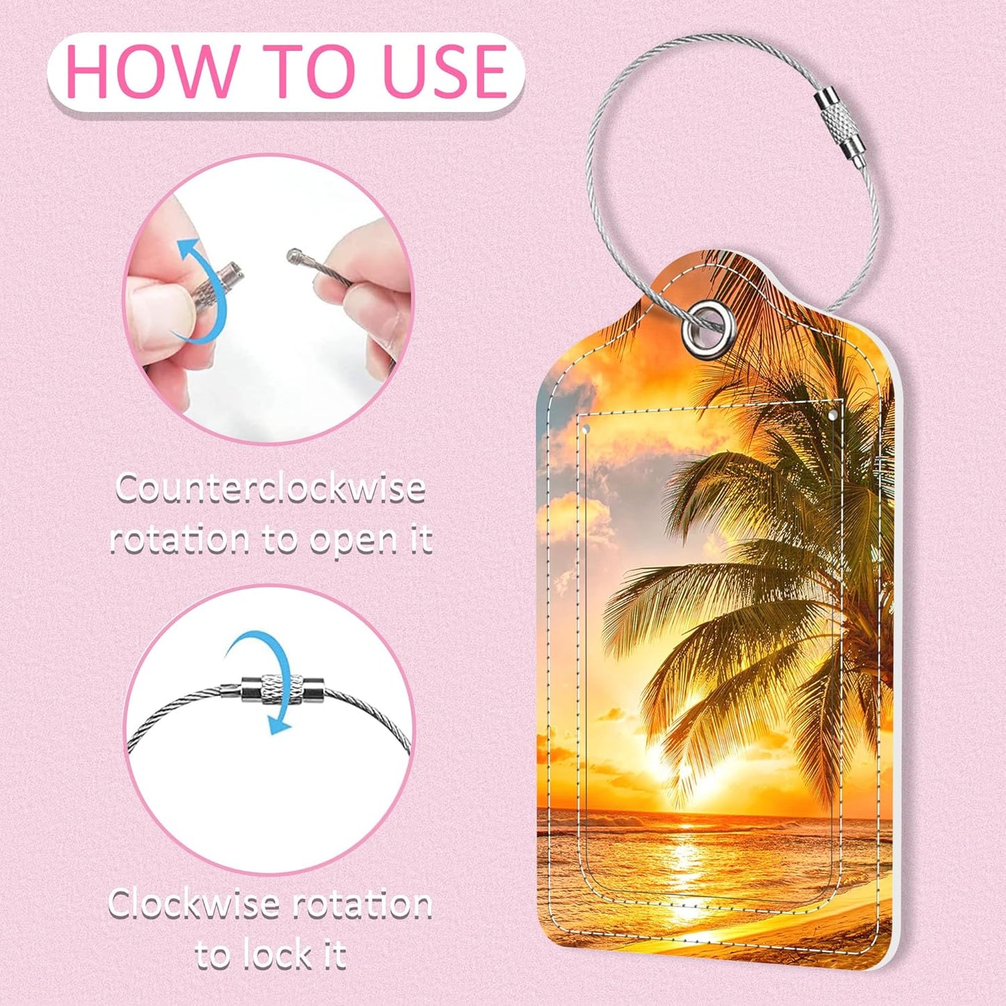 Luggage Tags for Suitcase,2 Pack Sunset Beach Luggage Tag,PU Leather Id Label Luggage Tags with Stainless Steel Loop and Privacy Cover for Women Men Teens Travel