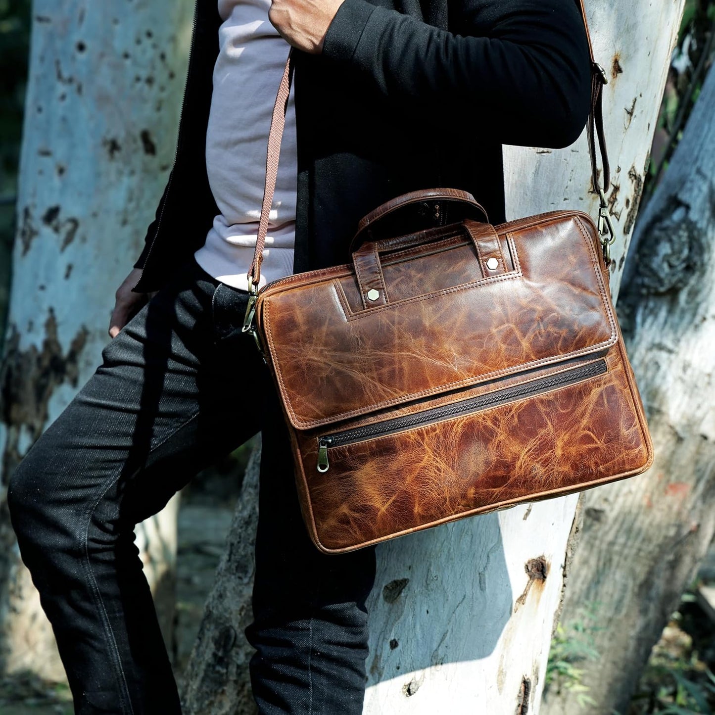 Mens Laptop Bag 16 Inch Waterproof Vintage Leather Shoulder Office Crossbody Bag With Ajustable Straps Metal Grip