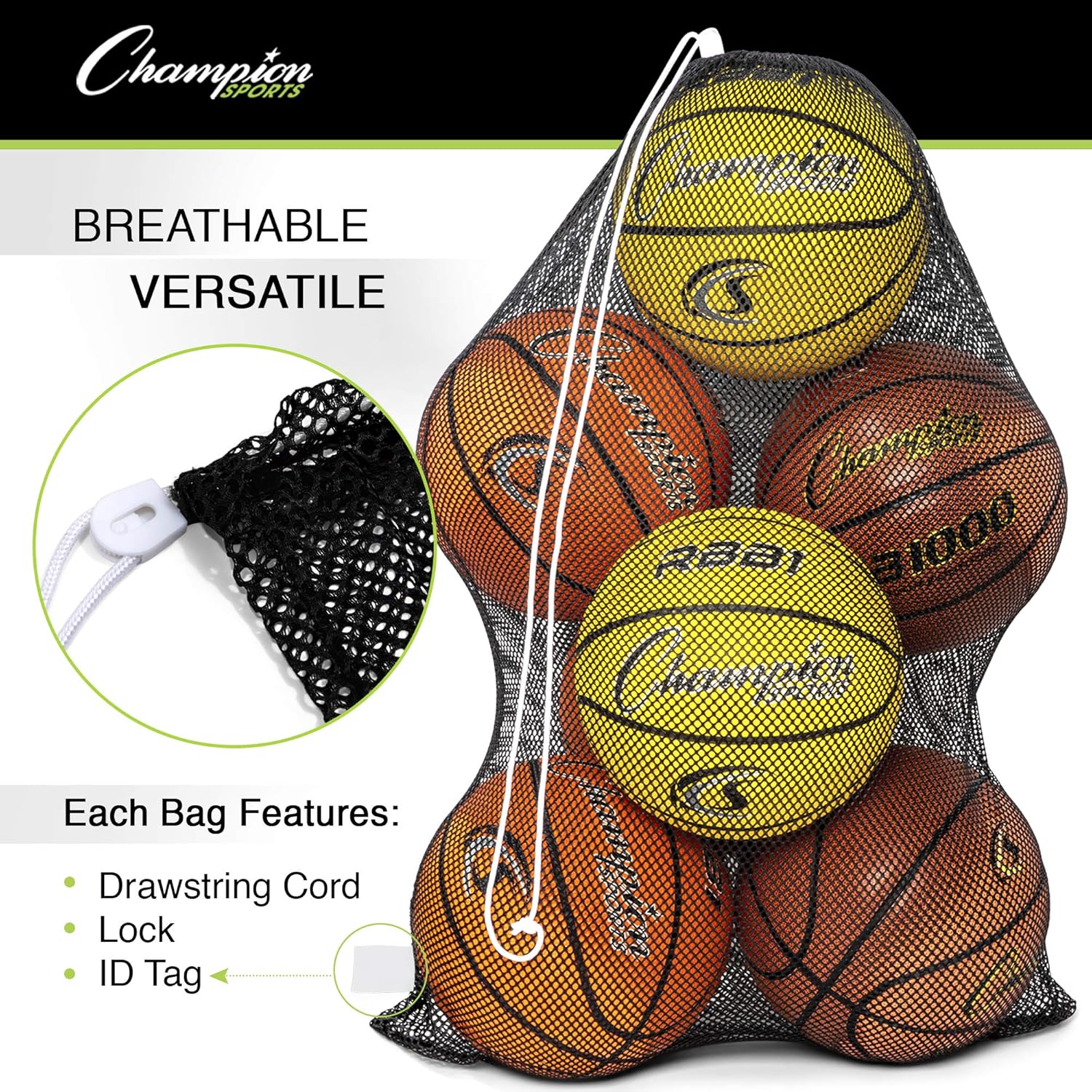 Champion Sports Mesh Equipment Bag – Heavy-Duty Nylon Drawstring Bag with Lock & ID Tag, Breathable