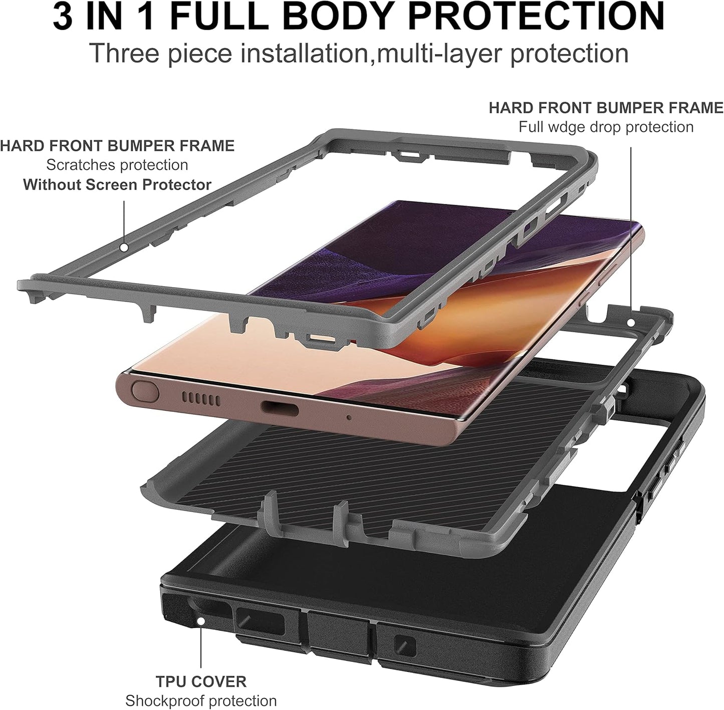 for Note 20 Ultra Case, Galaxy Note 20 Ultra Case with Self Healing Flexible TPU Screen Protector [2 Pack], 3 in 1 Heavy Duty Protection Case for Samsung Note 20 Ultra 5G(Black/Grey)