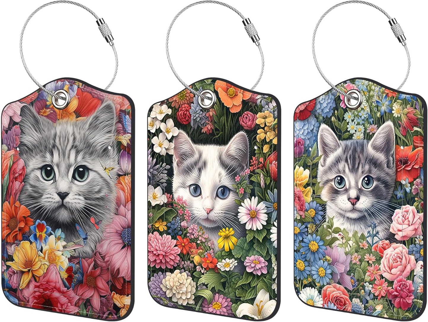 Cute Kitten Luggage Tag for Suitcase 3 Pack Cat and Flower Leather Luggage Tag with Privacy Flap Name ID Label and Metal Loop for Women Men Travel
