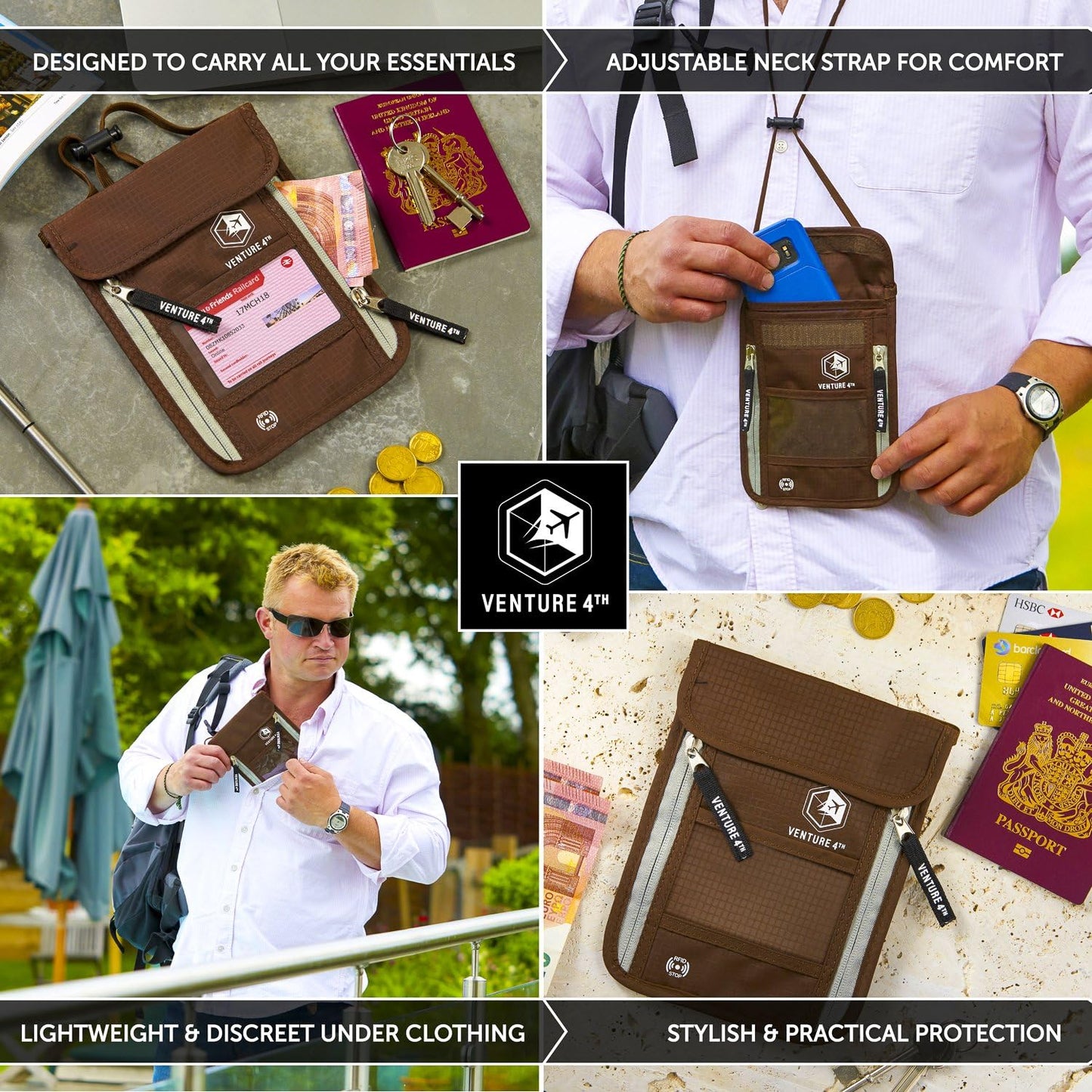 VENTURE 4TH Neck Wallet, RFID Blocking Passport Holder for Travel – Hidden Neck Pouch with 6 Compartments, Slim Lightweight Organizer with Adjustable Strap for Cash, Cards & Passport (Brown)
