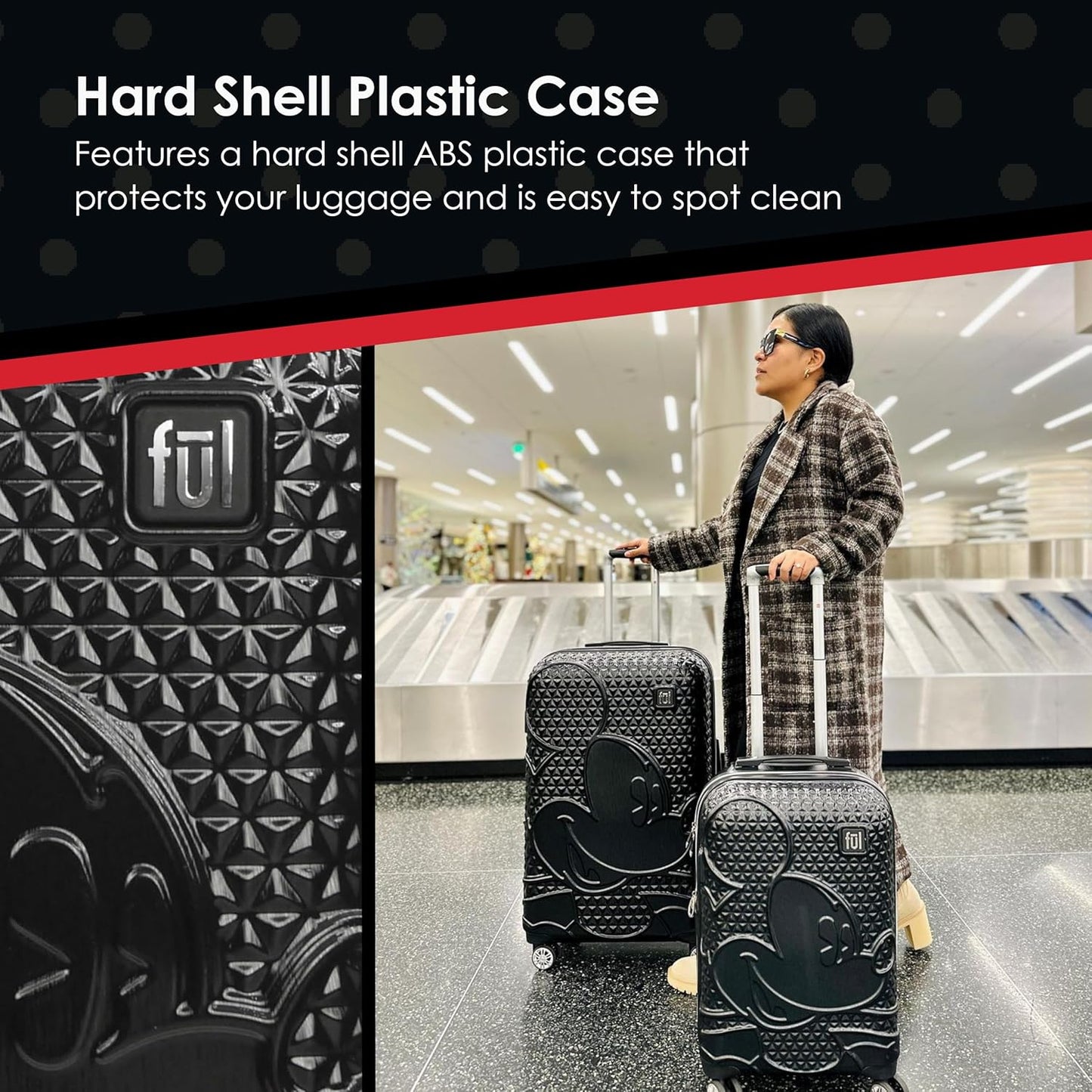 FUL Disney Mickey Mouse (Set of 3) Rolling Luggage Set, Hardside Suitcase with Spinner Wheels, 21 Inch, 25 Inch and 29 Inch, Black