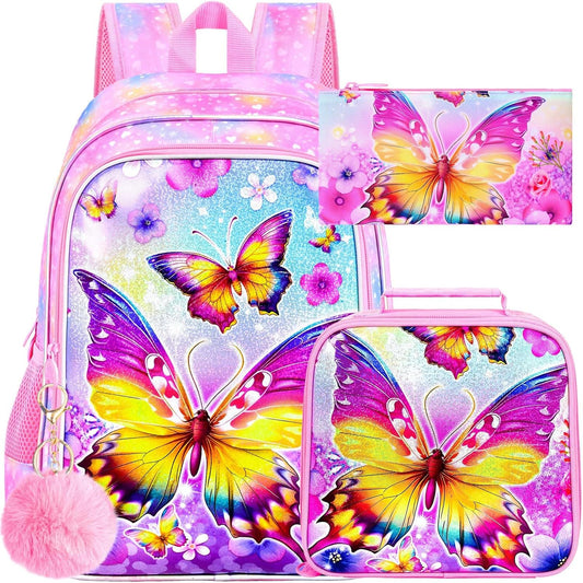 CCJPX 3PCS Kids Backpack for Girls, 16 Inch Butterfly Preschool School Backpacks with Lunch Box, Water Resistant Bookbag for Elementary Toddler Travel