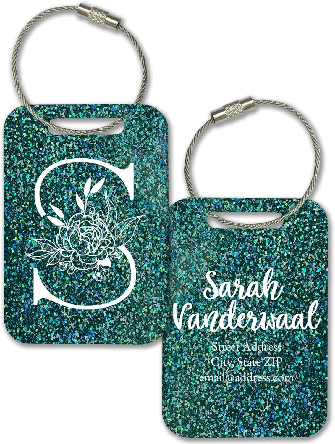 Personalized Monogram Name Tag for Luggage (3 or 6 Count Pack) | Custom Tag for Suitcase | Acrylic Name Tag for Travel | Choose Your Font & Color | Backpack ID Label (Monogram, Aquamarine Glitter)
